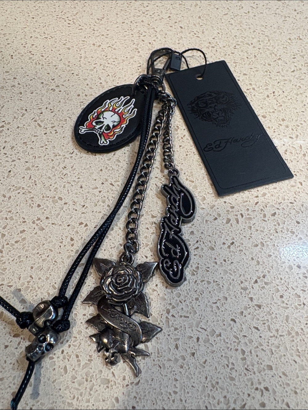 Ed Hardy NWT Black Skull & Rose Multi-Pendant Bag Charm